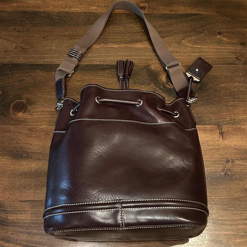 Dooney & Bourke Bucket Bag Dark Brown Leather Tassel Drawstring Classic Preppy - Picture 6 of 11
